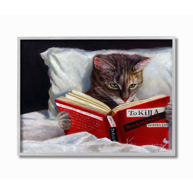Stupell Industries " Cat Reading A Book In Bed Funny Painting " by Lucia Heffernan