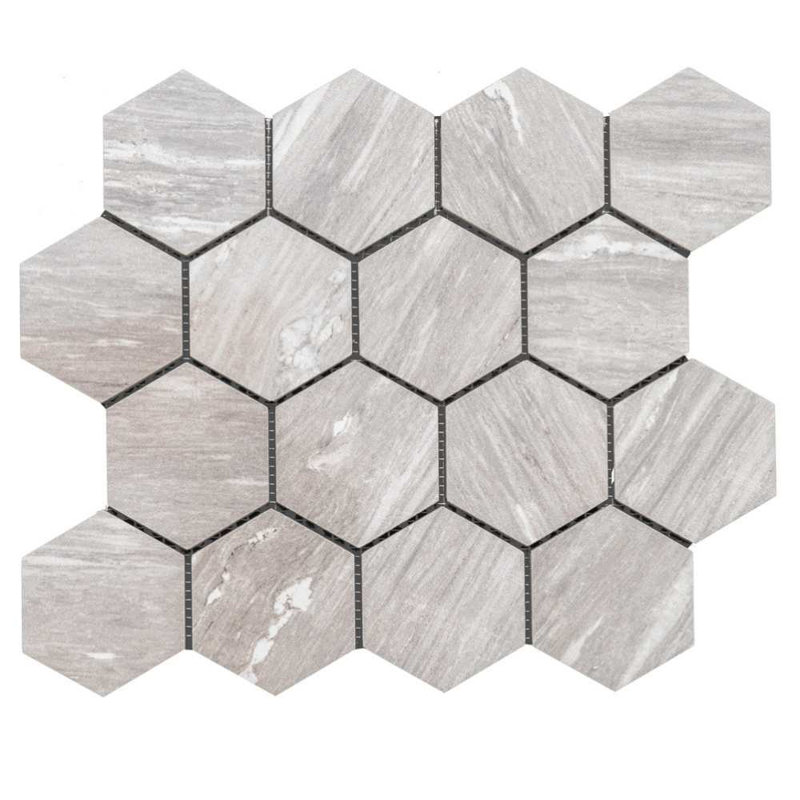 Stately Hex 11" x 14" Porcelain Mosaic Wall & Floor Tile, Gray