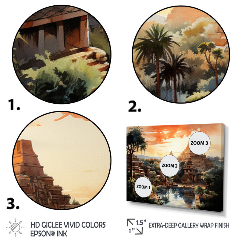 «Teotihuacan Sunrise Impressionism II», art mural Mexique, Toile tendue, H 16 po x l 32 po x P 1 po