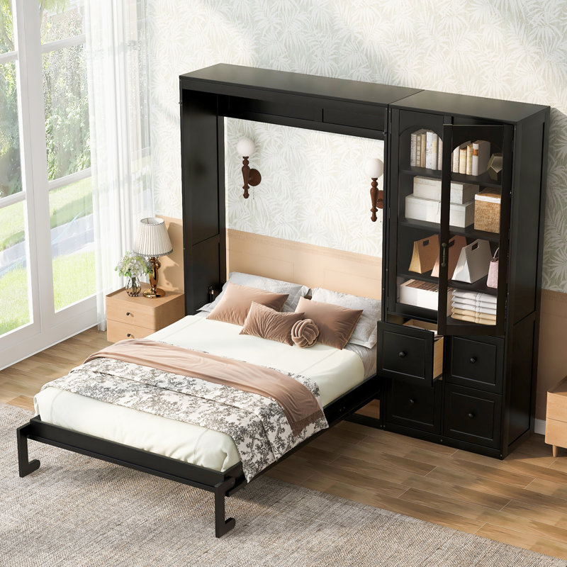 Grand lit escamotable avec armoire de rangement réversible, portes en acrylique, 4 tiroirs, tablettes et lit mural pliable, noir