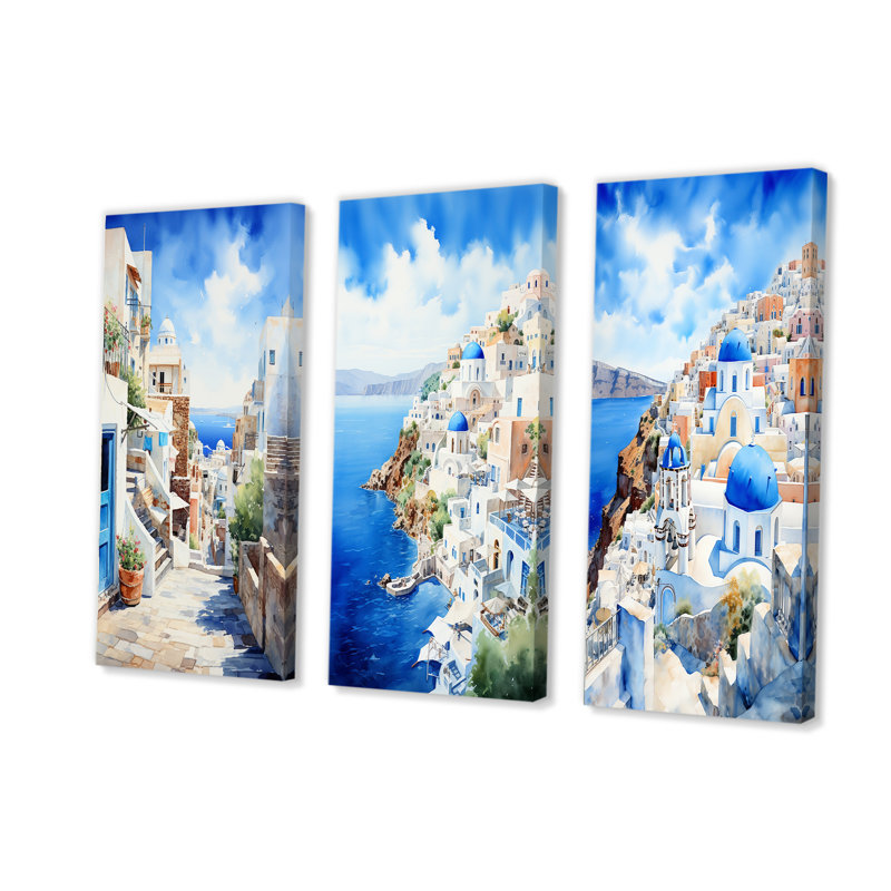Ensemble de salon 3 pièces Grecque Santorini Village Dreams I - Grèce, Toile tendue, H 28 po x l 36 po