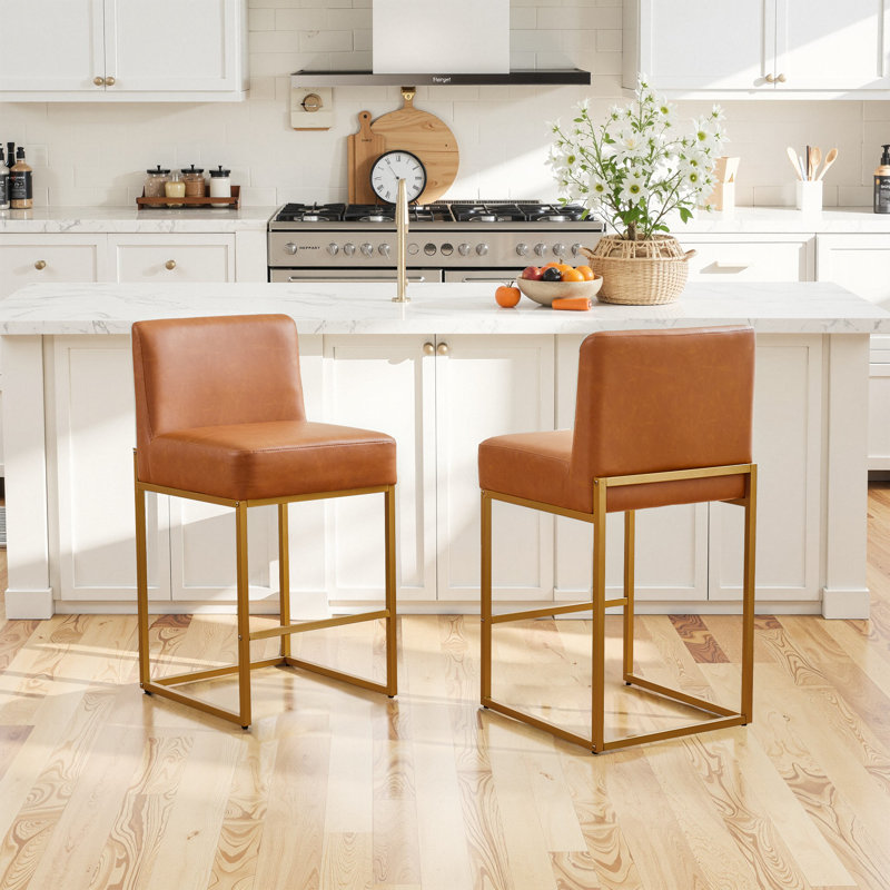 26" Modern Faux Leather Counter Stools, with Sturdy Metal Base, 2, Camel Seat/ Gold Frame