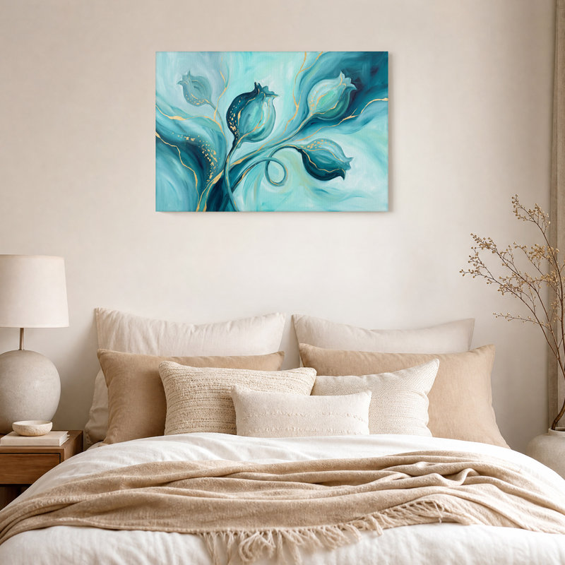 Toile murale abstraite turquoise à motifs floraux veinés d'or, 20"H x 30"W