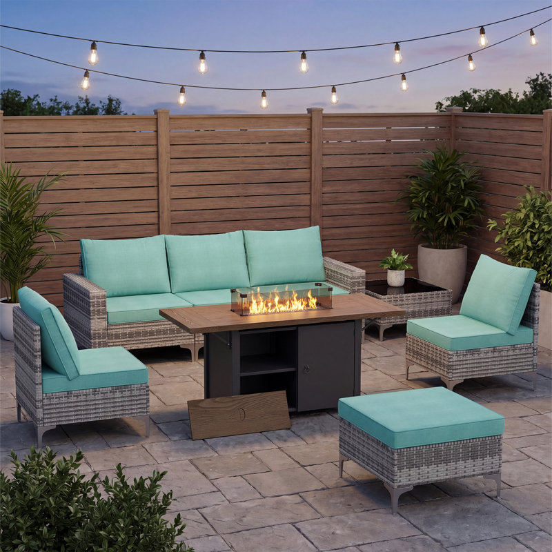 8-piece Outdoor Premium Patio Wicker Sectional Seating Group With Cushions And Firepit Table, Gray, Green