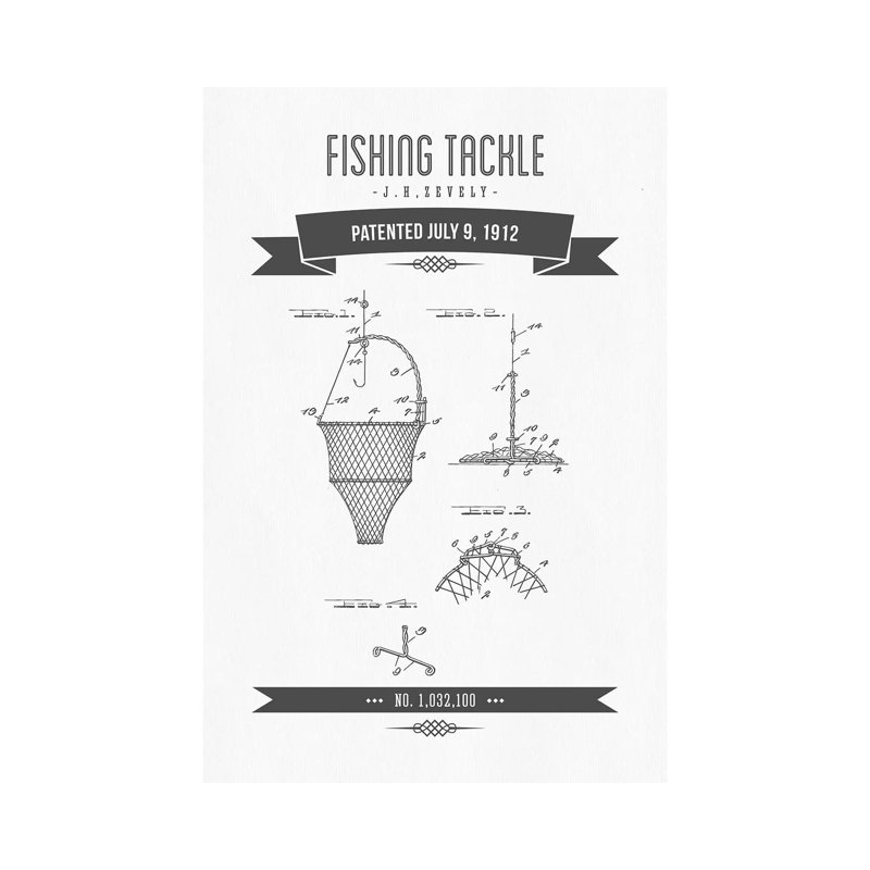 J.H. Zevely Fishing Tackle Patent Sketch Retro (Charcoal) by Aged Pixel - Wrapped Canvas Gallery-Wrapped Canvas Giclée