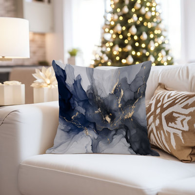 Abstract Fluid Symphony - Midnight Navy Blue & Gold Marble Geode Modern Throw Pillow Cover