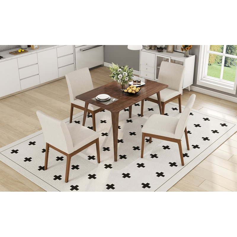 Ensemble de table de salle à manger 5 pièces avec une table à structure en bois massif et 4 chaises rembourrées pour la salle à manger, noyer et beige clair