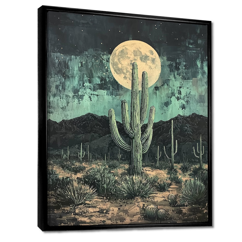 Cactus Marsicano au clair de lune II - décoration murale cactus, Noir, Reproduction avec cadre flottant, H 20 po x l 12 po