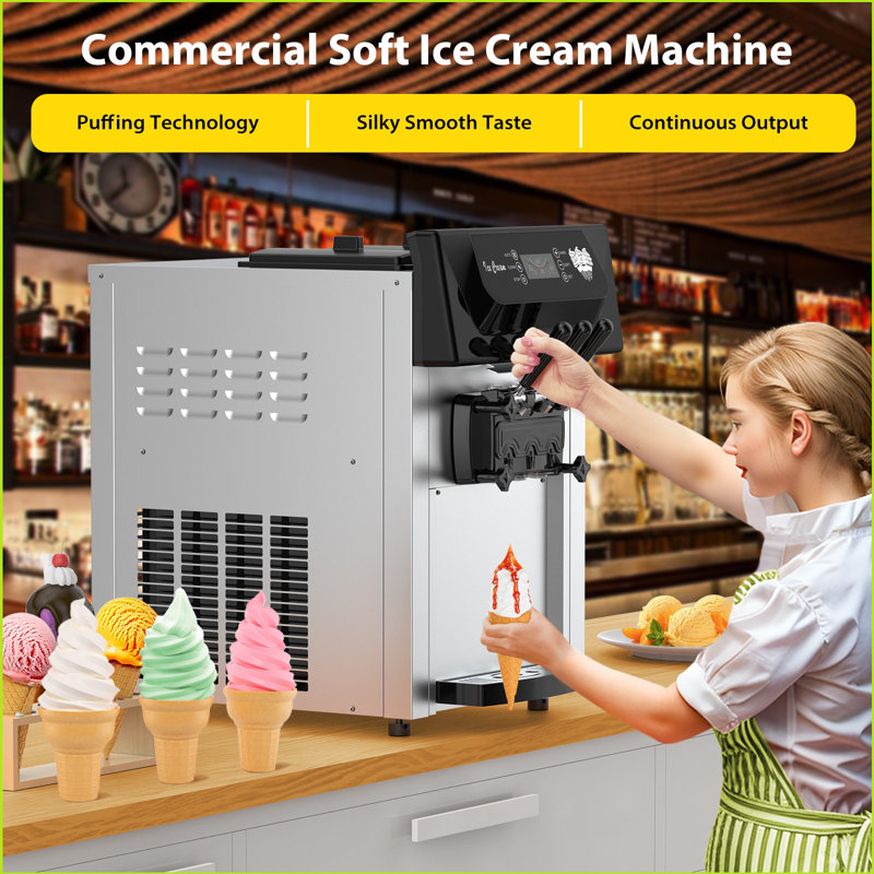 Machine à crème glacée 3 saveurs 2200w - 5,3-7,4 gallons par heure, écran tactile ACL, nettoyage automatique, haute productivité pour les collations et les restaurants