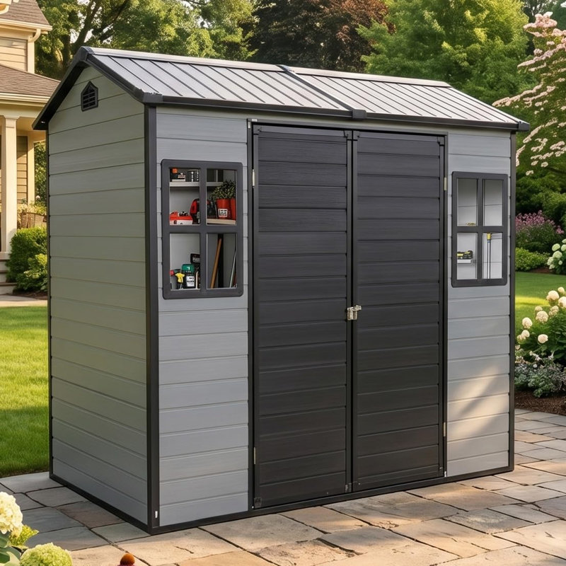 Jaxenor 8x4 FT Resin Storage Sheds Outdoor with Floor Included, Plastic Sheds & Outdoor Storage Clearance with 2 Windows and Lockable Door, Backyard Storage Sheds for Garden Tools, Bike
