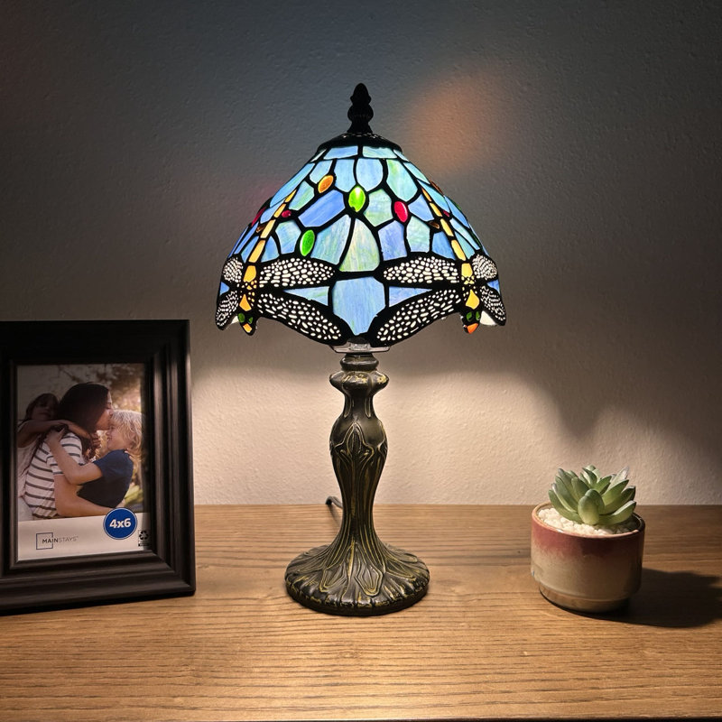 Lirette Tiffany Mini Table Lamp Dragonfly Blue Stained Glass 8"W*8"D*15"H