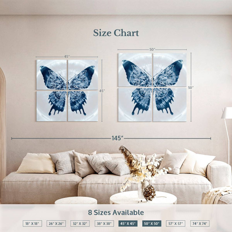 Mandala de rois papillon indigo Batik, H 50 po x l 50 po