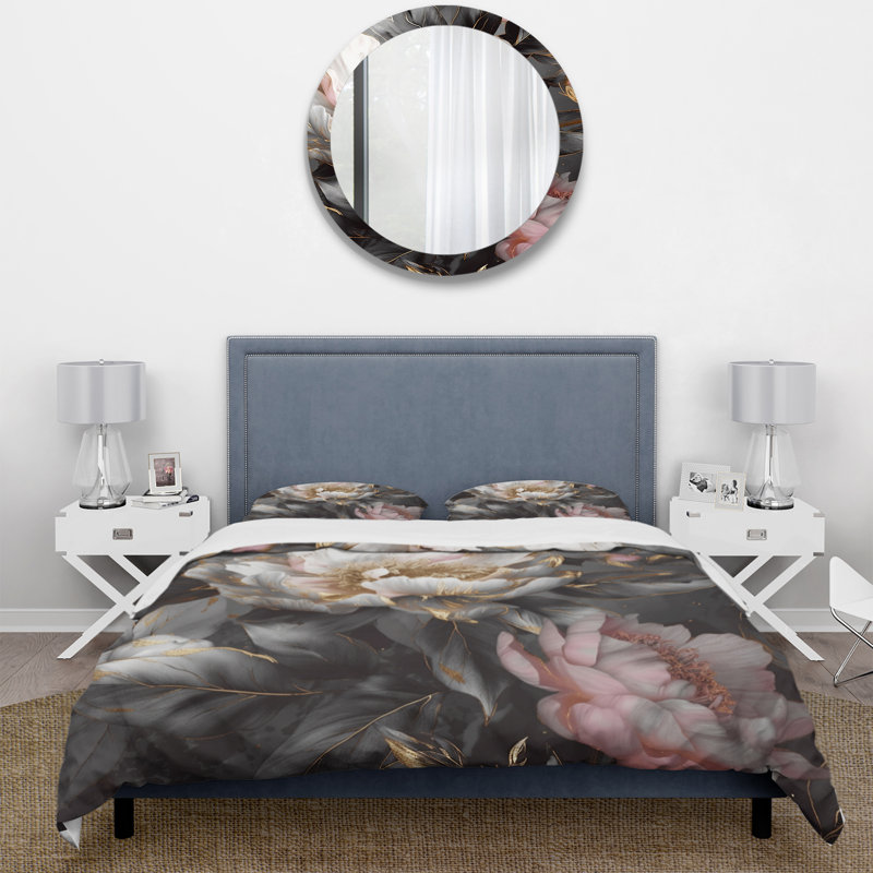 Ensemble de housse de couette rose et gris en pivoines Blooming II, Housse de couette pour très grand lit et 2 très