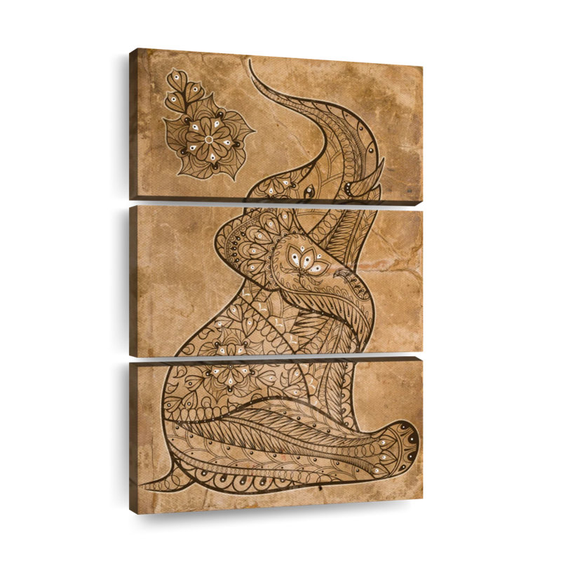 «Elephant Boho Vintage Elephant on Canvas», reproduction de 3 pièces, H 45 po x l 28 po x P 1,25 po