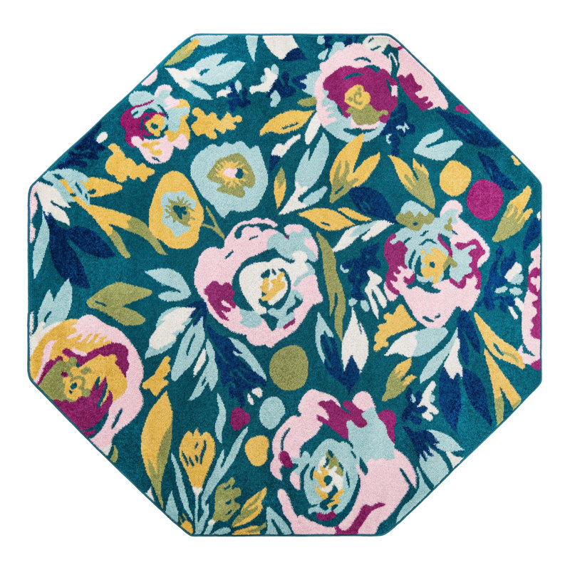 Tapis floral Holle, Octogone 7 pi x 7 pi, Bleu sarcelle / jaune / rose