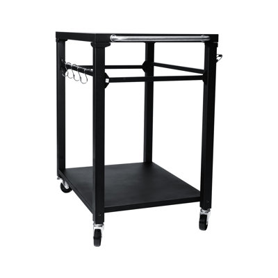 Chariot de barbecue roulant noir avec 2 roues verrouillables et crochets porte-ustensiles, idéal pour les repas en plein air. Étagères spacieuses pour une organisation optimale de la cuisson, support pour four à pizza, grand espace de rangement pour les accessoires de barbecue.