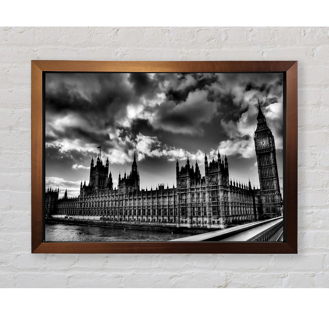 London Houses Of Parliament B N W Sturmwolken - Einzelner Bilderrahmen Kunstdrucke