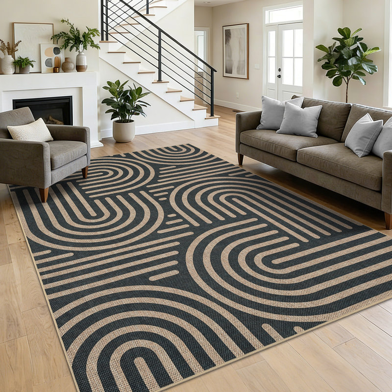 Large Striped Easy Jute Rug 10x13 Modern Geometric Floor Cover, Non-Slip Neutral Indoor Outdoor Living Room Carpet, Non-Shedding Accent Carpet