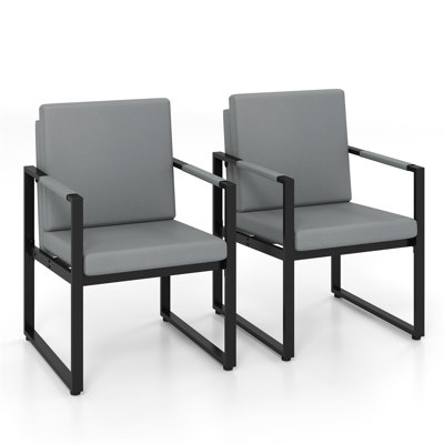  2-Pack Mid-Century Modern Accent Armchairs, PU Leather Sofa Chairs with Metal Frame, Ergonomic Support & Easy Assembly, Gray & Black