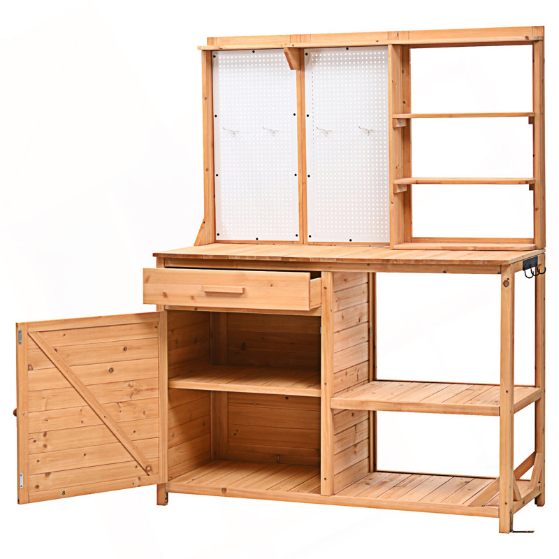 Banc de rempotage avec huche, poste de travail de jardin, 4 tablettes et rangement réglable, panneau perforé avec crochets, armoire d'appoint