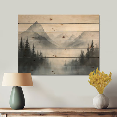 Misty Mountain Morning I - paysage de montagne, décoration murale en bois - sur bois de pin naturel