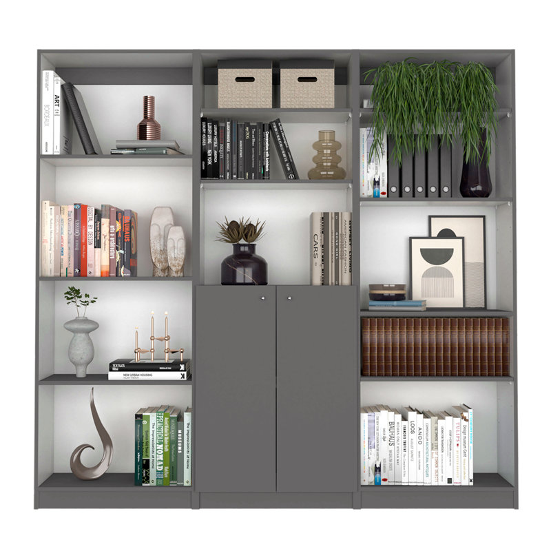 Ensemble de bibliothèque 3 pièces, large de 74 po avec 12 tablettes et 2 portes, ensemble de salon gris mat / blanc