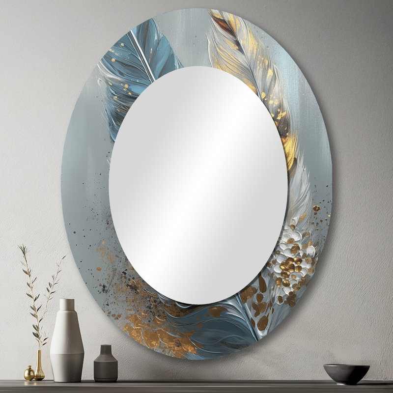 Gold Feather Wanderlust I - Gold Glam Oval Wall Mirror, 43" x 33"