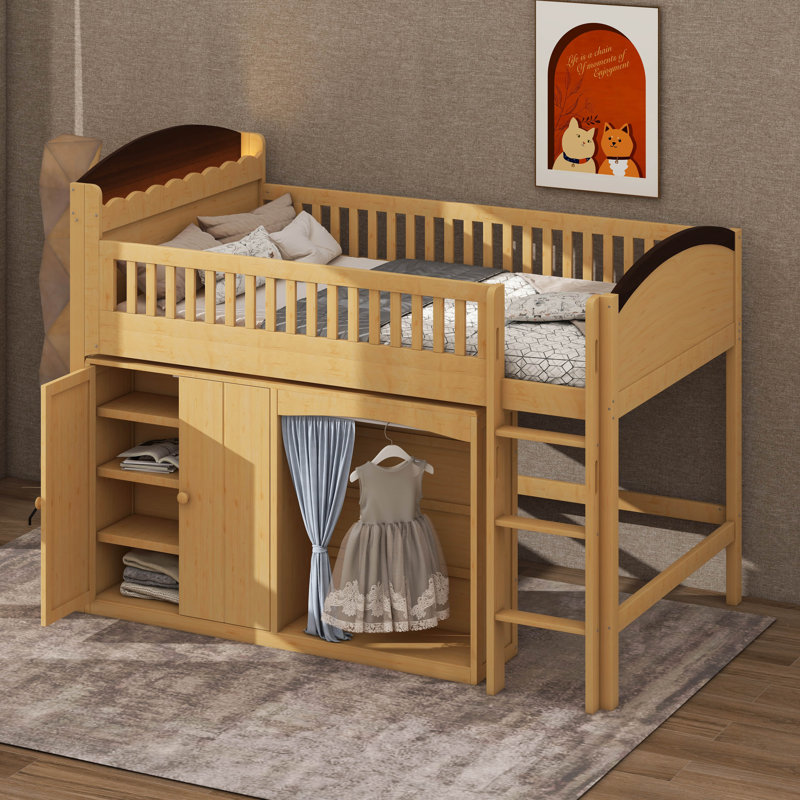 Loft Bed With Storage Cabinet, Wood Loft Bed Frame With LED Light & Wardrobe, Twin, Wood/Espresso