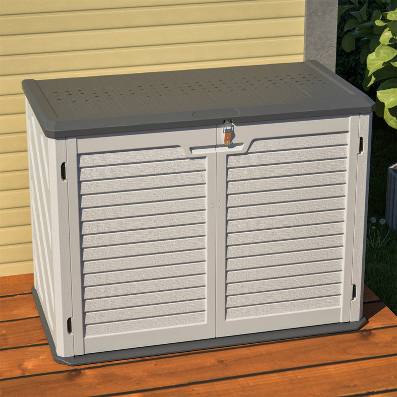 Résistance aux intempéries avec remise horizontale, grande armoire de rangement extérieure verrouillable, unité de rangement en plastique PEHD épais pour les cours, le patio et le jardin (28 pieds cubes / ivoire) Blanc