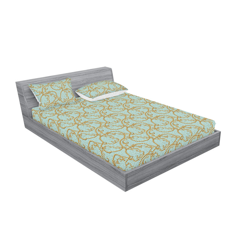 Ambesonne Fitted Sheet & Shams, King Sheet Set with 2 Pillowcases, Pale Blue/Mustard Floral