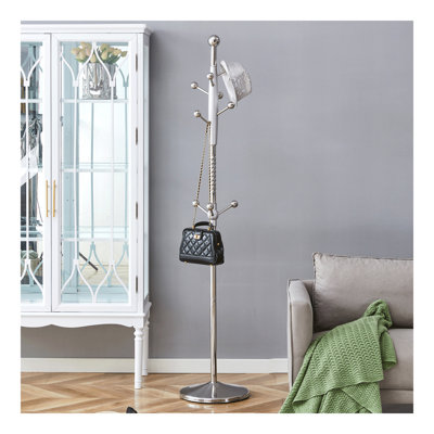 Cintre principal en acier inoxydable peint en aérosol, portemanteau moderne en acier inoxydable argenté, renfort en bois au niveau du support, conception surélevée de 72 pouces avec support amovible