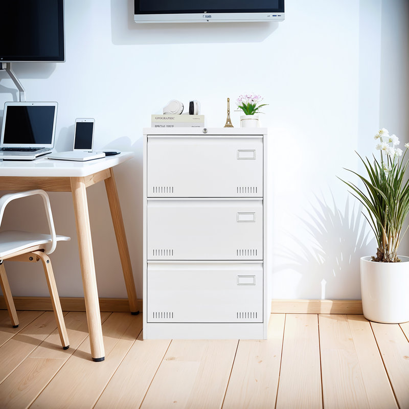 Mirri Locking Metal File Cabinets with Three Drawer, White