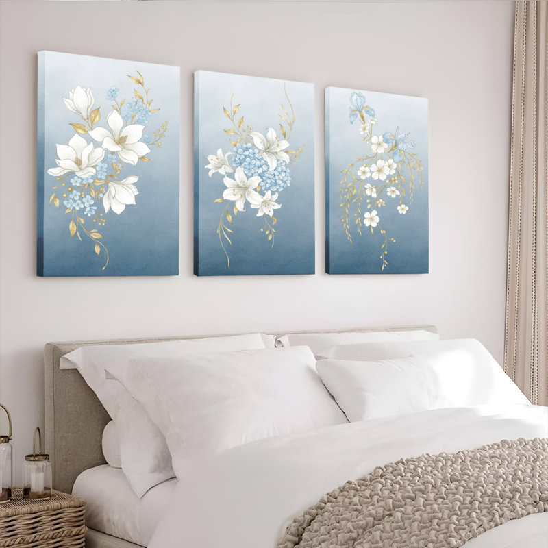 Ensemble de 3 toiles décoratives florales blanches et bleues à motifs botaniques, pour salon et chambre., H 18 po x l 36 po