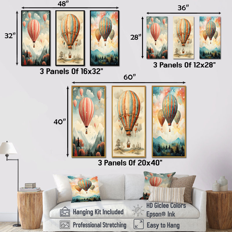 Classic Classic - Montgolfière - ensemble de 4 impressions sur toile, H 28 po x l 36 po, Cadre flottant noir