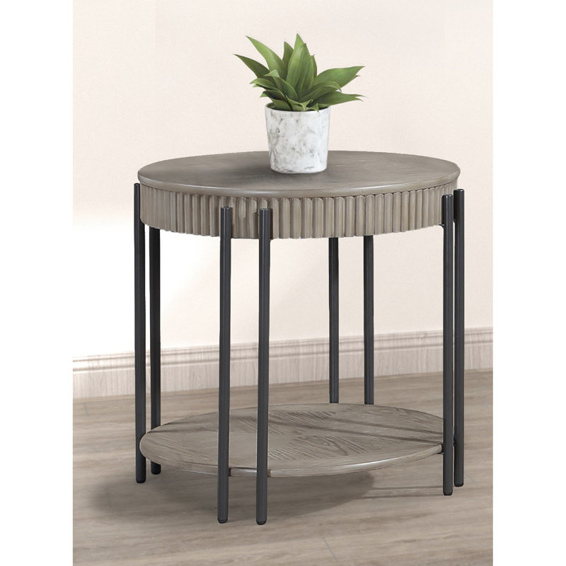 Table de bout ronde contemporaine brun clair brun clair avec pieds en métal à finition noire de rangement et de rangement pour le salon