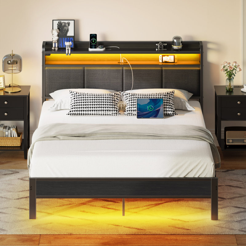 Etsuyo Upholstered Storage Bed with  Headboard, LED Lights and Charging Station, Full/Double, Gray