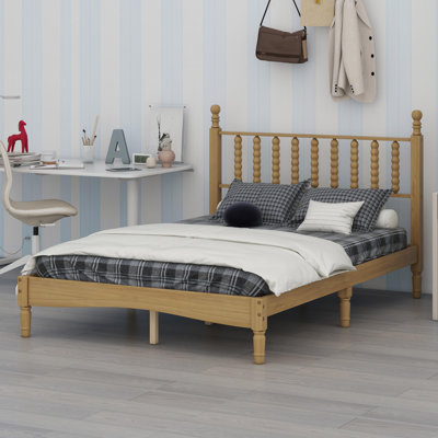 Lit plateforme rétro en bois avec tête de lit d'inspiration gourde et support à lattes