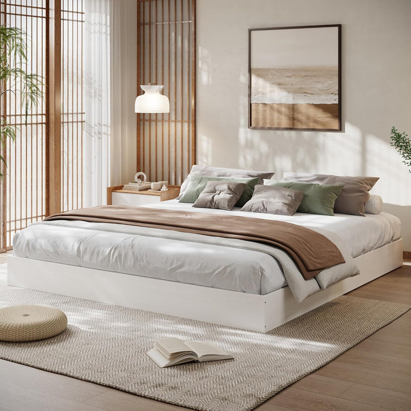 Platform Bed Frame, Solid Wood Slat Construction, Queen Size Floor Bed, Modern Minimalist Bedroom Use, Queen