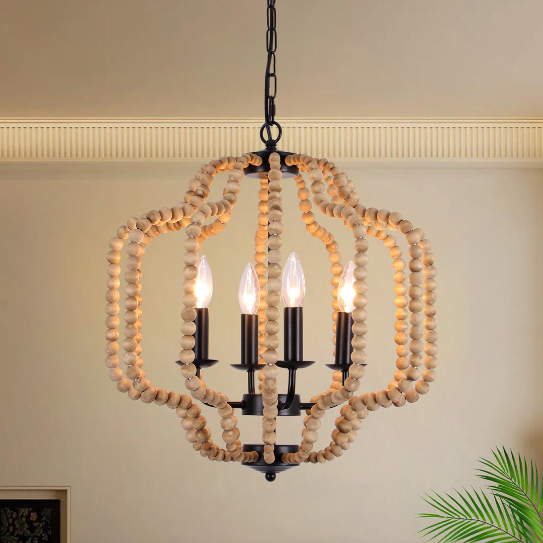 4 - Light Candle Style Geometric Bohemia Wood Beaded Chandelier Dakota Fields 