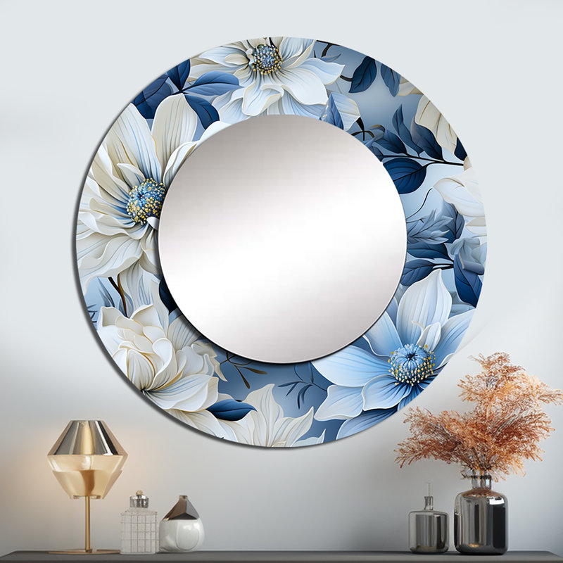 Motif botanique arctique bleu et blanc - miroir mural décoratif floral, miroir rond de chalet, impression d'art en métal