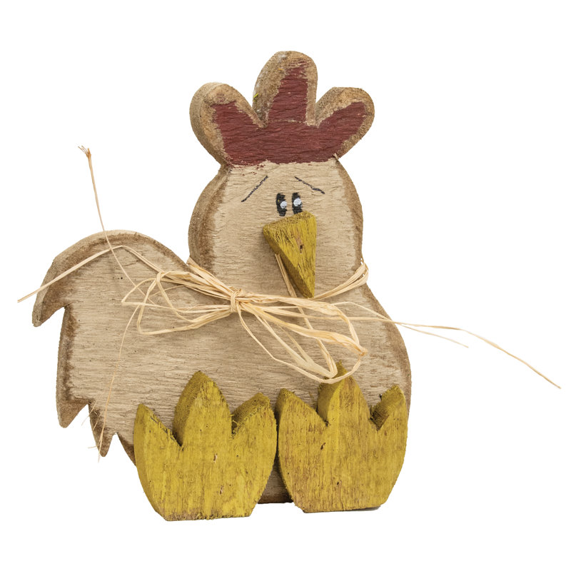 Poulet rustique assis en bois - H 11 po