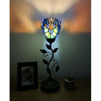 Simonetti Tiffany Torch Table Lamp Green Stained Glass Included LED Bulb USB Ports 6"W*6"D*20"H