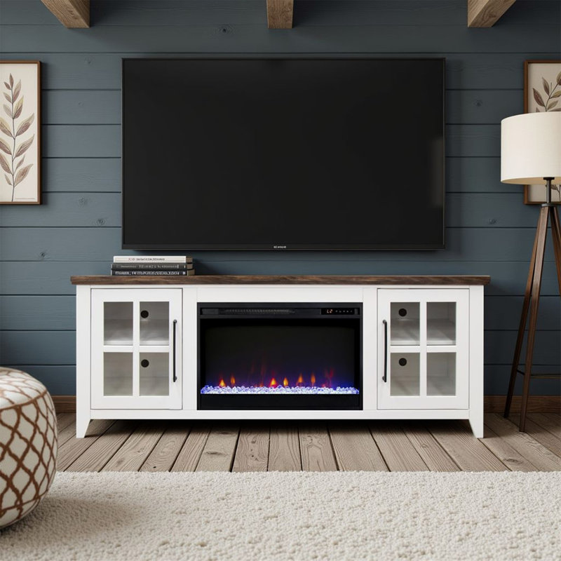 Meuble télé avec foyer 66 pouces Providence, 26"H x 66"L x 17"W, Blanc