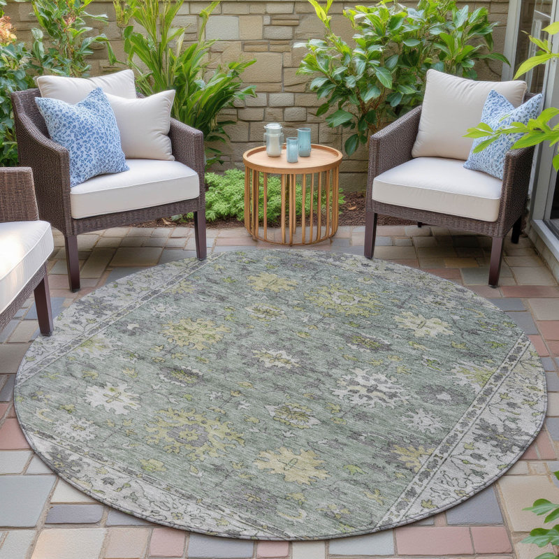 Machine Washable Indoor/Outdoor Xhevrie Sage Rug, Round 8'