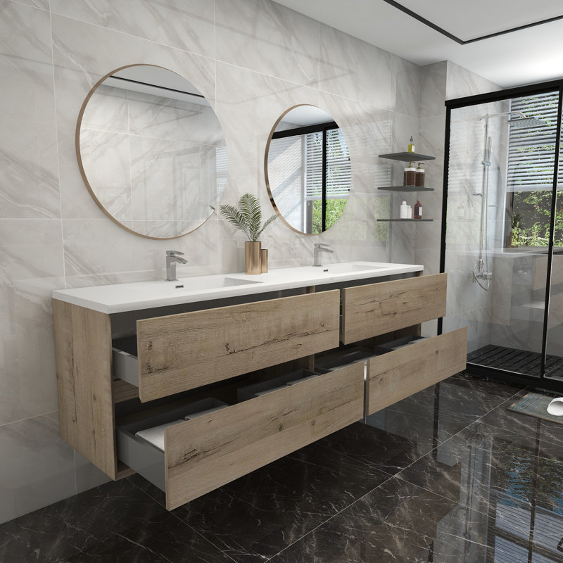 84" Wall-Mounted Double Sink Bathroom Vanity Set, White Oak