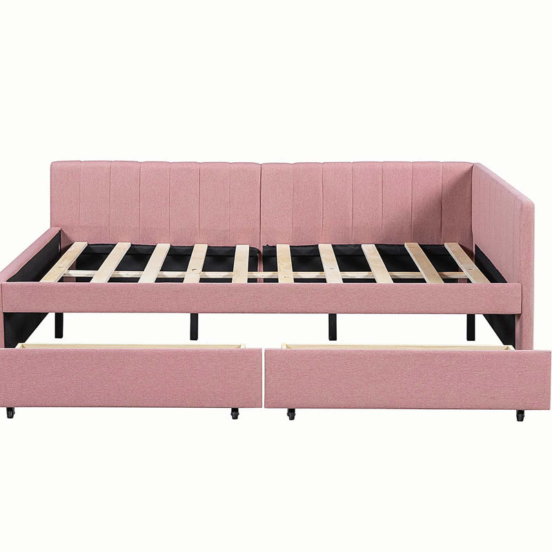 Lit de jour double rembourré avec cadre de canapé-lit avec 2 tiroirs de rangement, Rose