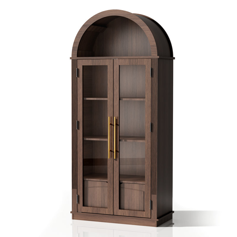 71'' Tall Arched Storage Cabinet With Glass Doors, Drawer & Metal Handles, Vintage Modern Display Cabinet For Living Room, Kitchen, Or Bedroom