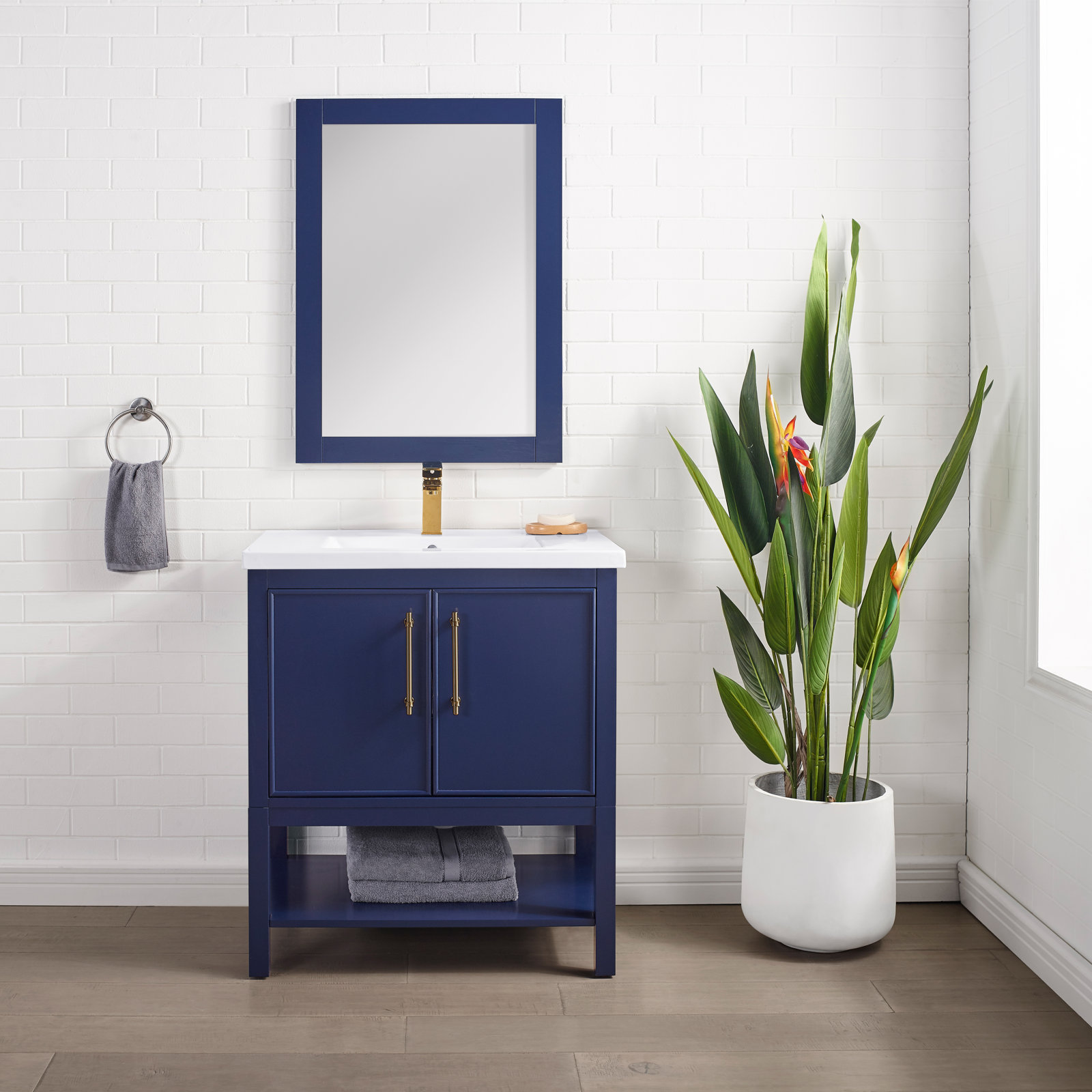 Jewell 30'' Single Bathroom Vanity, Navy Blue/Antique Brass