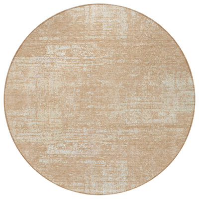 8' Coral And Salmon Round Abstract Washable Indoor Outdoor Area Rug
