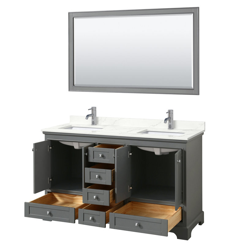 Meuble-lavabo double autoportant Deborah avec plateau en quartz, Quartz Giotto, Noir mat, Gris foncé